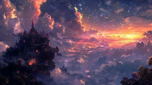 Fantasy sky castle silhouetted against glowing sunset clouds