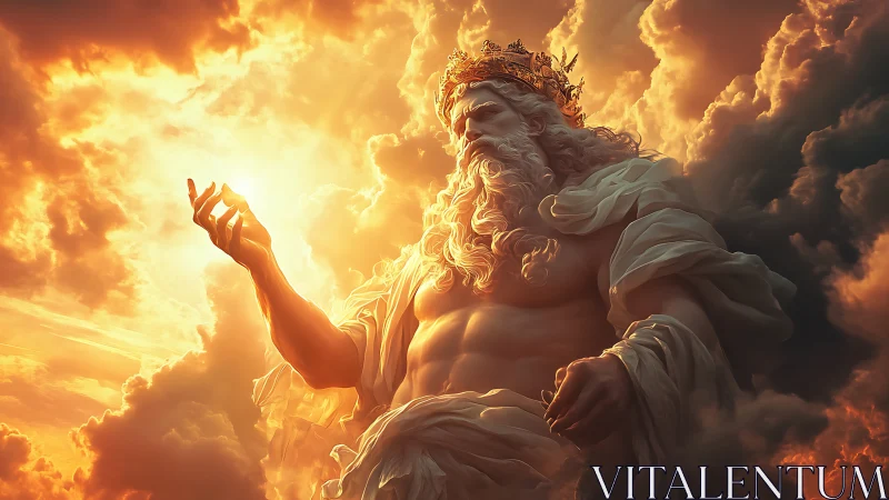 Golden sky god resting in glowing sunset clouds.