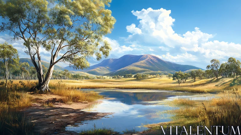 Sunlit grassland lake beneath distant violet mountains.