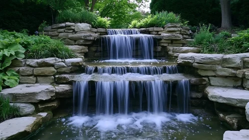 Multi-tiered stone garden waterfall in lush green landscape.