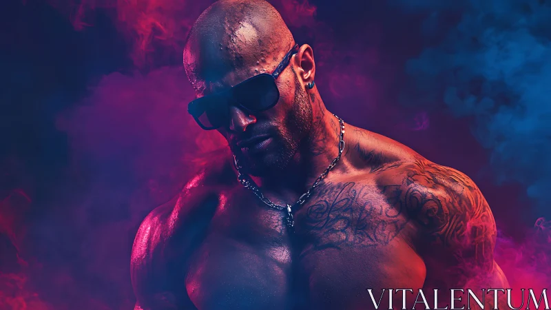 Cyberpunk neon portrait of muscular tattooed man in smoke haze.