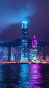 Neon skyscrapers glow over vibrant harbor waters at night.