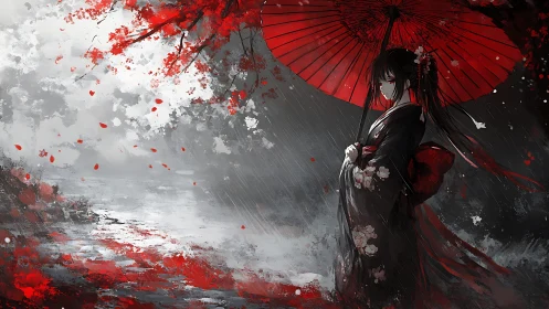Red umbrella girl in stormy monochrome river landscape.
