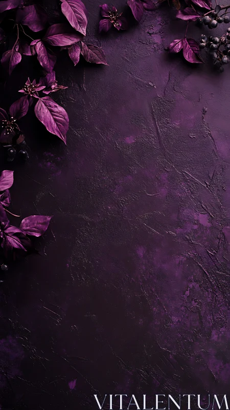 Deep purple leaves frame elegant textured background.