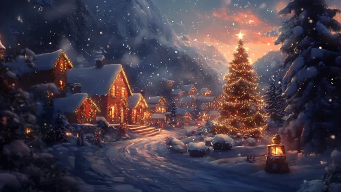 Snowlit village Christmas tree glowing in twilight hush.
