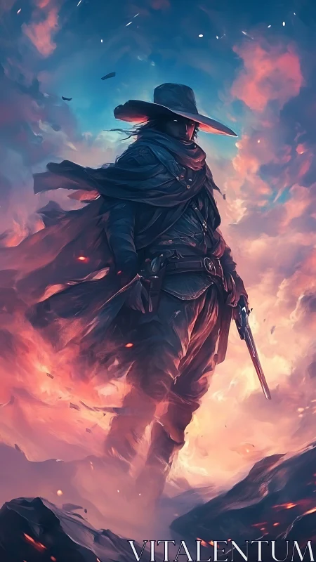 Spectral gunslinger traversing incendiary nebular stormscape.