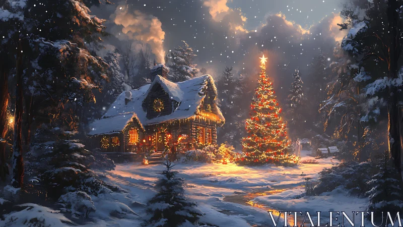 Snow-laden forest cabin and illuminated Christmas tree under snowfall