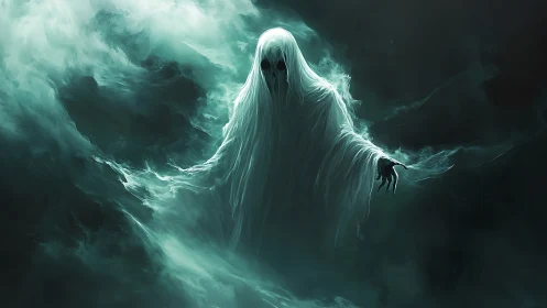 Ghostly specter emerges from swirling teal spectral fog