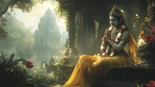 Deity figure in yellow garments near overgrown stone temple.