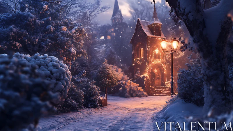 Snow covered path leading to warm lit chapel at dusk.