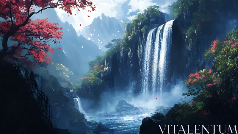 Hydrodynamic cascade in misted valley with crimson foliage.