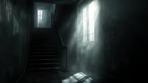 Dim stairwell with window light cutting through smoke.