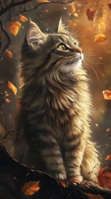 Autumn's Watchful Companion: Majestic Cat Among Falling Leaves.