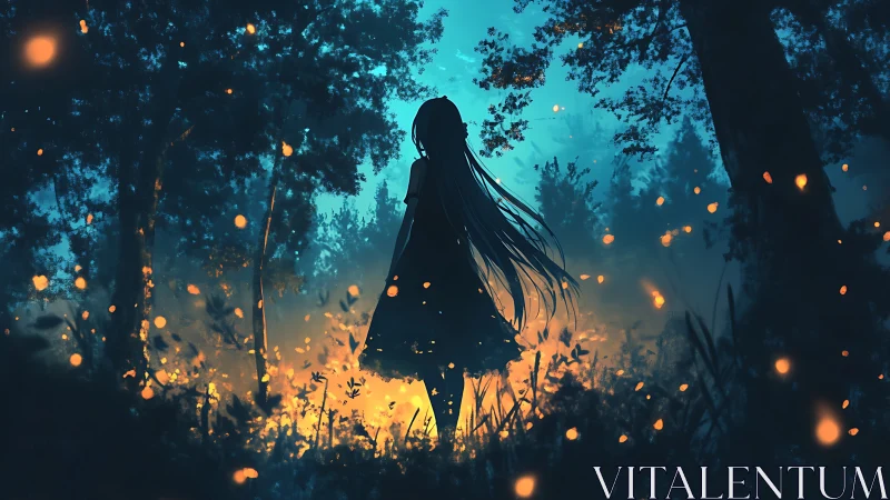 Silhouetted girl amid glowing embers in bioluminescent forest.