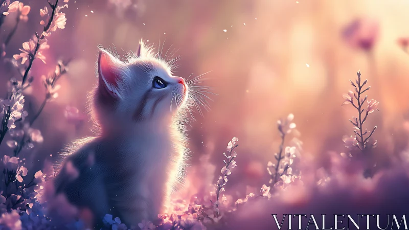 Dreamy Kitten Among Blossoming Flowers.