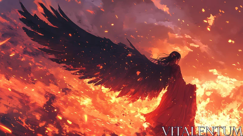 Dark angel silhouette strides through blazing sky inferno.