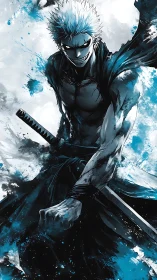 Sword-wielding anime warrior amid blue ink splashes.