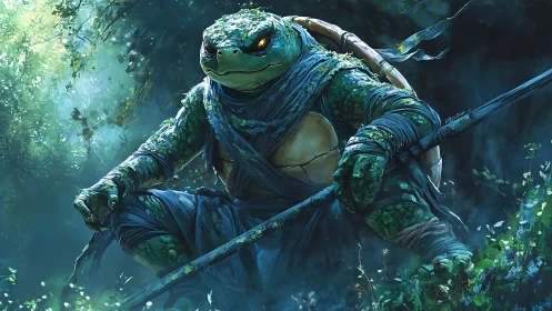 Armored humanoid turtle warrior crouches in dense forest