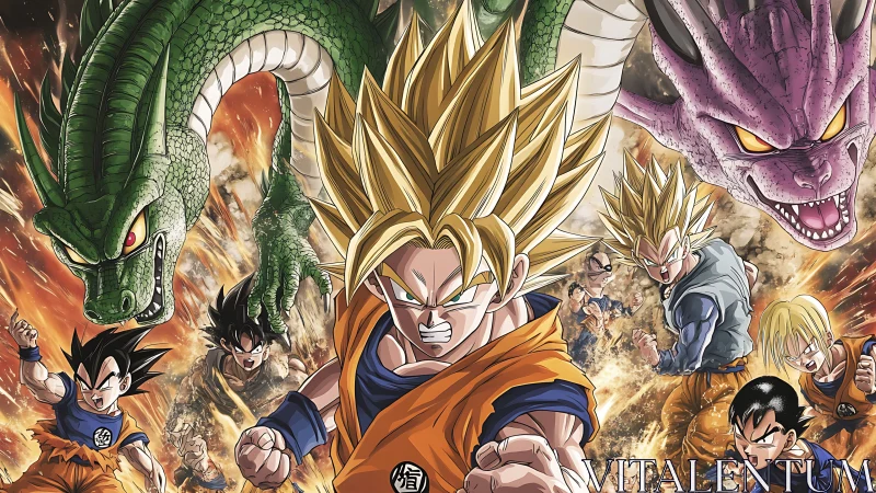 Dragon Ball anime heroes and dragons in intense battle scene