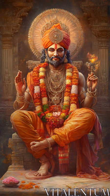 Digital painting of seated Hindu guru with radiant mandala halo.