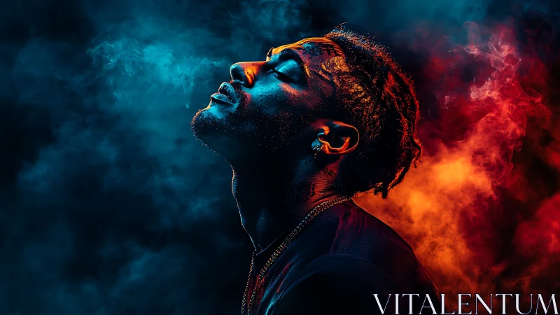 Portrait in blue and orange smoke with dramatic rim light.