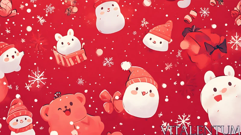 Kawaii winter animal pattern on red Christmas background