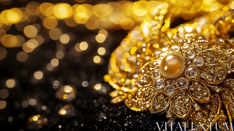 Gold filigree brooch with pearl center on dark bokeh background.