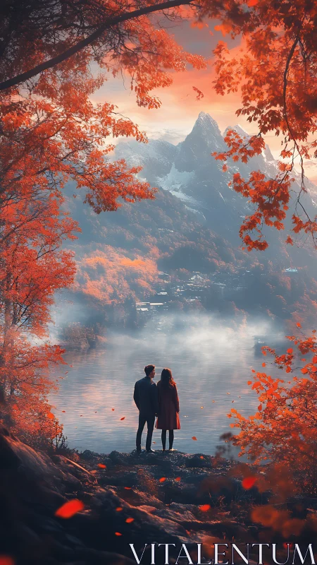 Couple standing by misty mountain lake framed by autumn foliage.