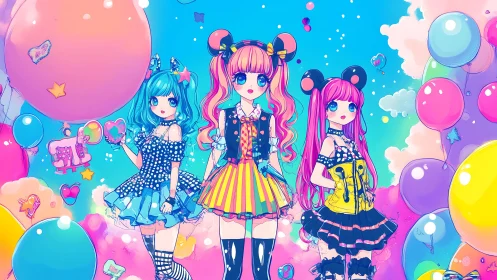 Three stylized girls amid balloons in saturated colors.
