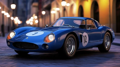 Midnight city showcase of blue vintage racing coupe.