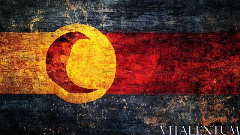 Weathered tricolor flag with crescent emblem on distressed wood grain