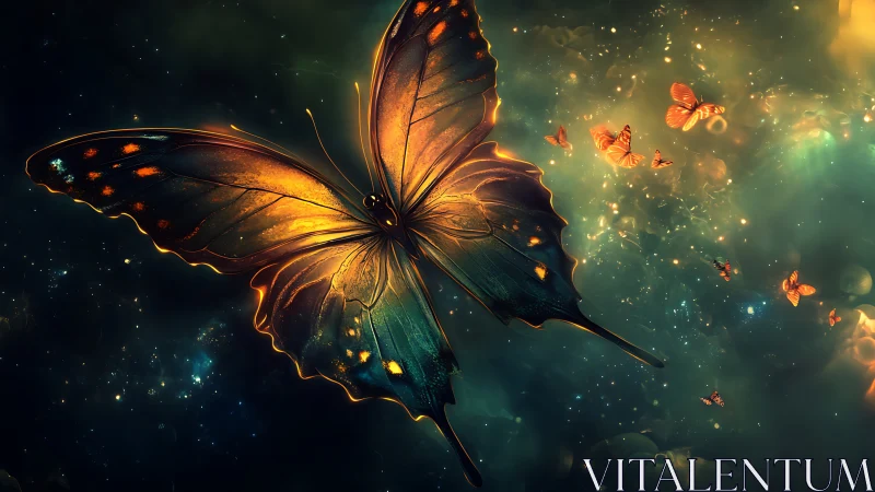 Digital painting of luminous cosmic butterfly in nebular space.