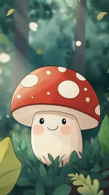 Cute red mushroom character in soft forest light scene.