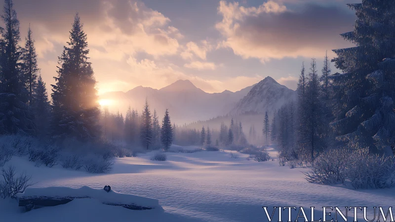 Soft sunrise over tranquil snowy pines and distant peaks