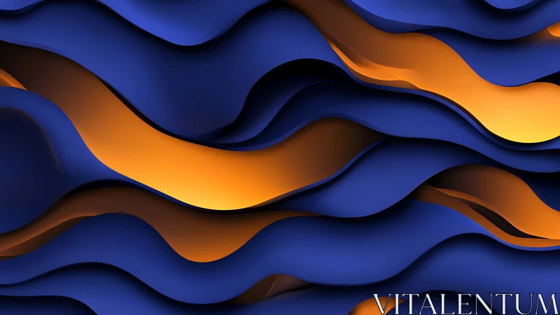 Layered blue waves reveal glowing orange ribbons beneath.