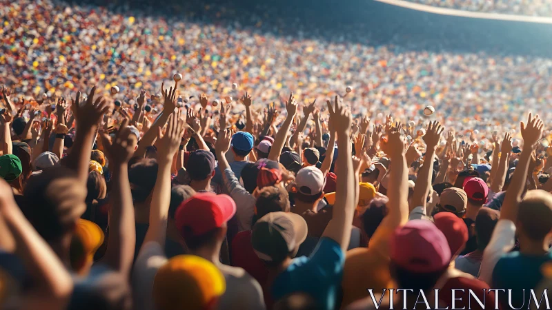 Cheering sports crowd fills sunlit stadium stands.
