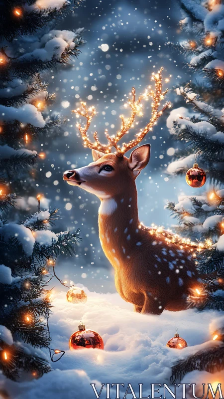 Snowlit reindeer oracle crowned in glowing winter garlands.