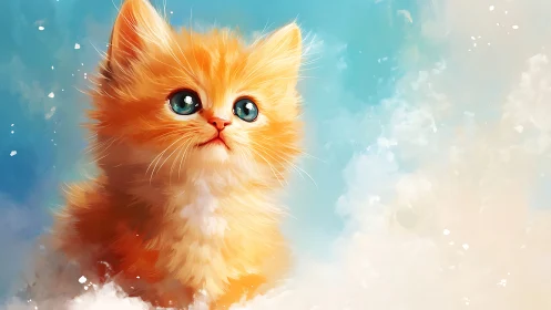 Orange Domestic Cat Against Clouded Sky Background.