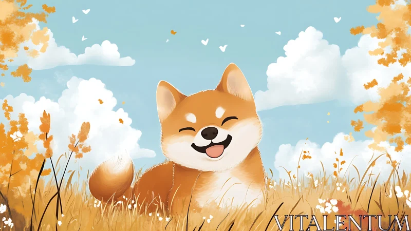 Cartoon dog sits in stylized autumn field under blue sky