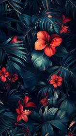 Red Flowers with Dark Teal Foliage Digital Composition