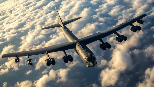 Military jet-powered bomber aircraft cruises above cloud layer