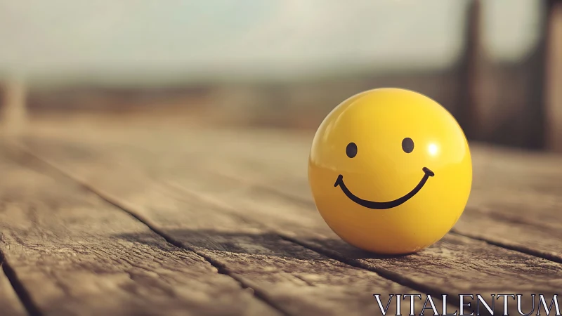 Photorealistic yellow smiley ball on rustic wooden tabletop.