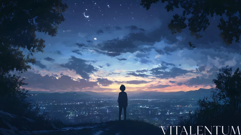 Silhouetted child overlooking twilight city under crescent sky