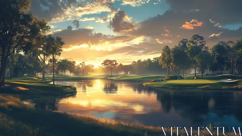 Sunlit golf course lake mirrors dramatic sunset cloudscape