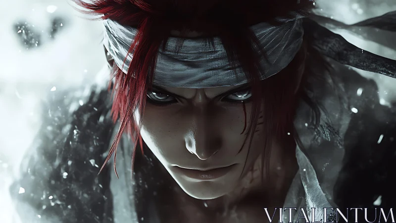 Battle-scarred warrior glares through swirling digital storm.