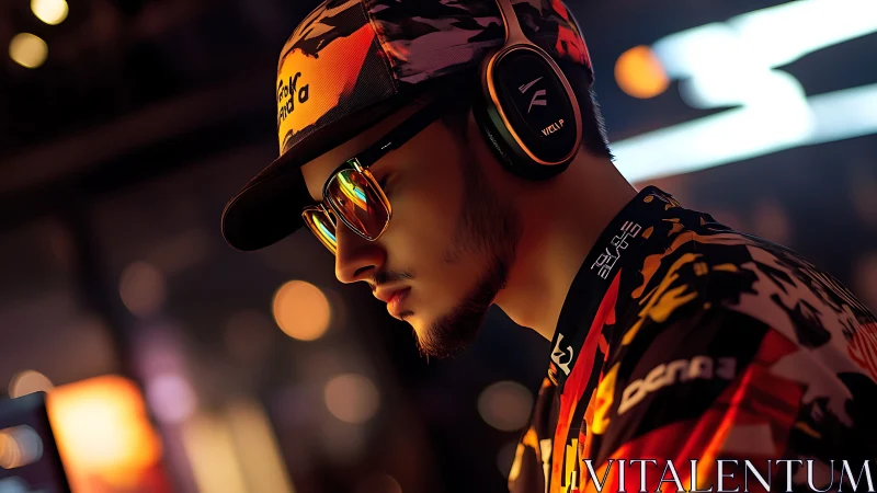 Esports competitor in neon bokeh light, headset and camo cap.