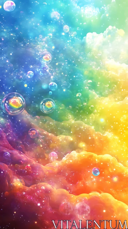 Iridescent nebula clouds with translucent soap bubbles in space