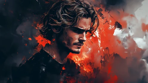 Male side-profile portrait contrasts with abstract fiery backdrop