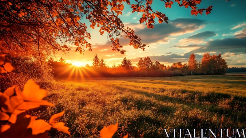 Sunlit autumn meadow with trees at low evening horizon line.