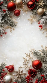 Christmas baubles with frosted fir, berries and gold snowflakes.